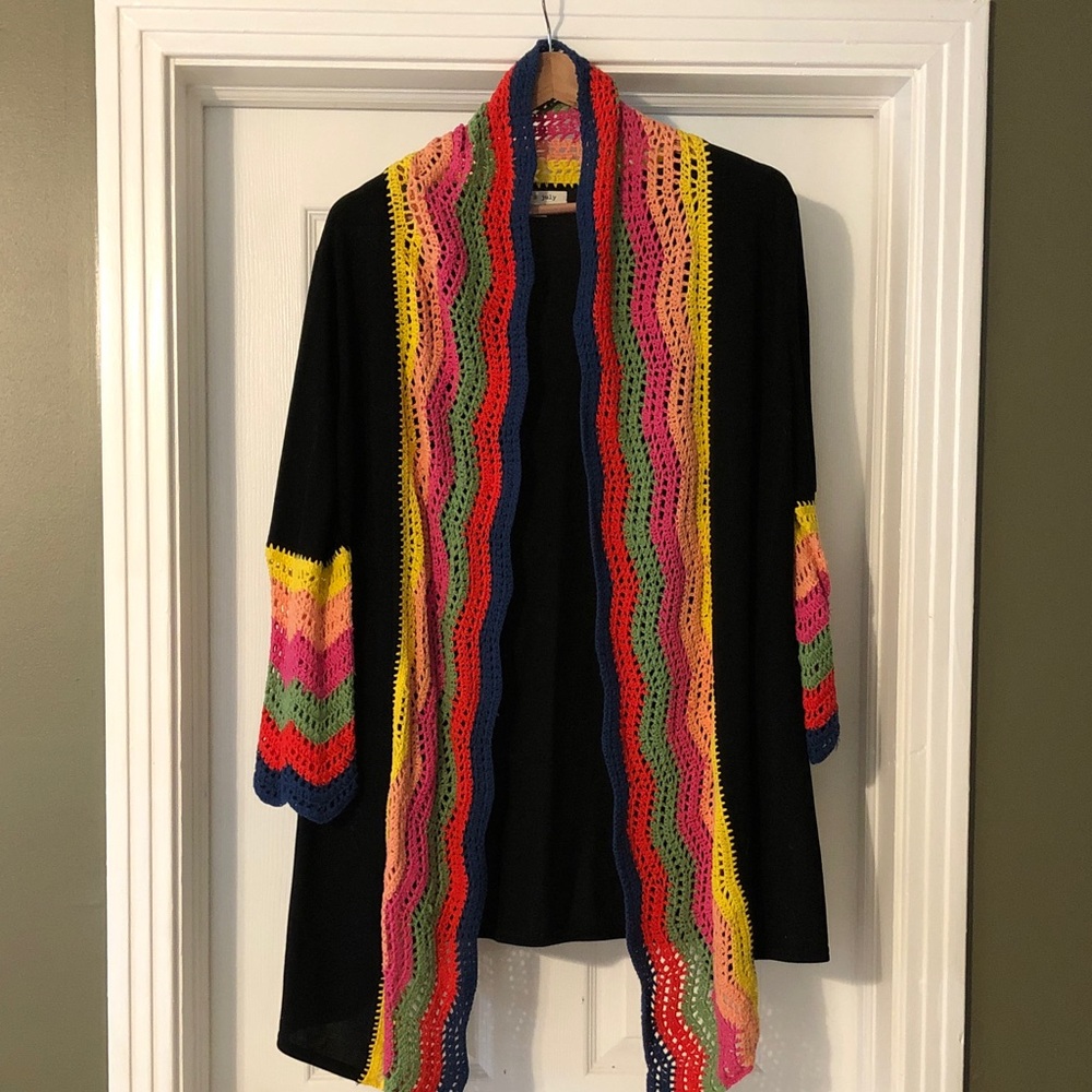 MAY & JULY Knit Cardigan | Sweater Duster With Colorful Crochet Trim Size Medium